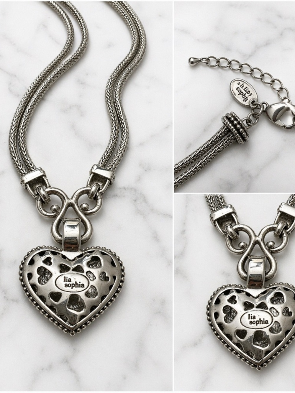 Lia Sophia “Love Dust” Silver-Tone Filigree Heart Pendant Statement Necklace - Picture 5 of 5